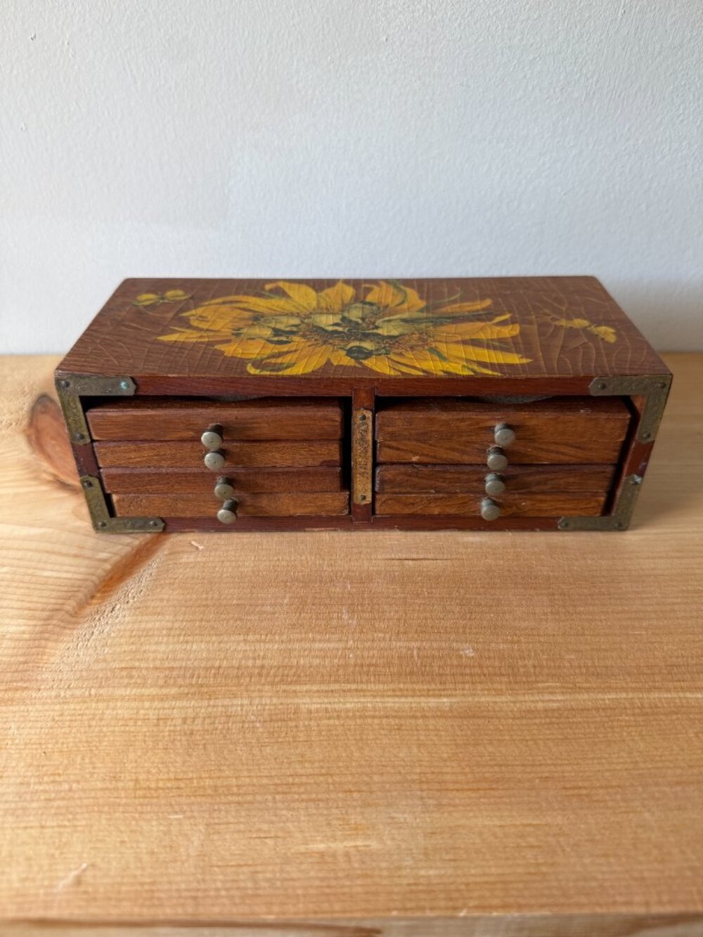 Vintage Japanese Mid-Century Boho Whimsical Floral and Bird Wooden Coaster chest